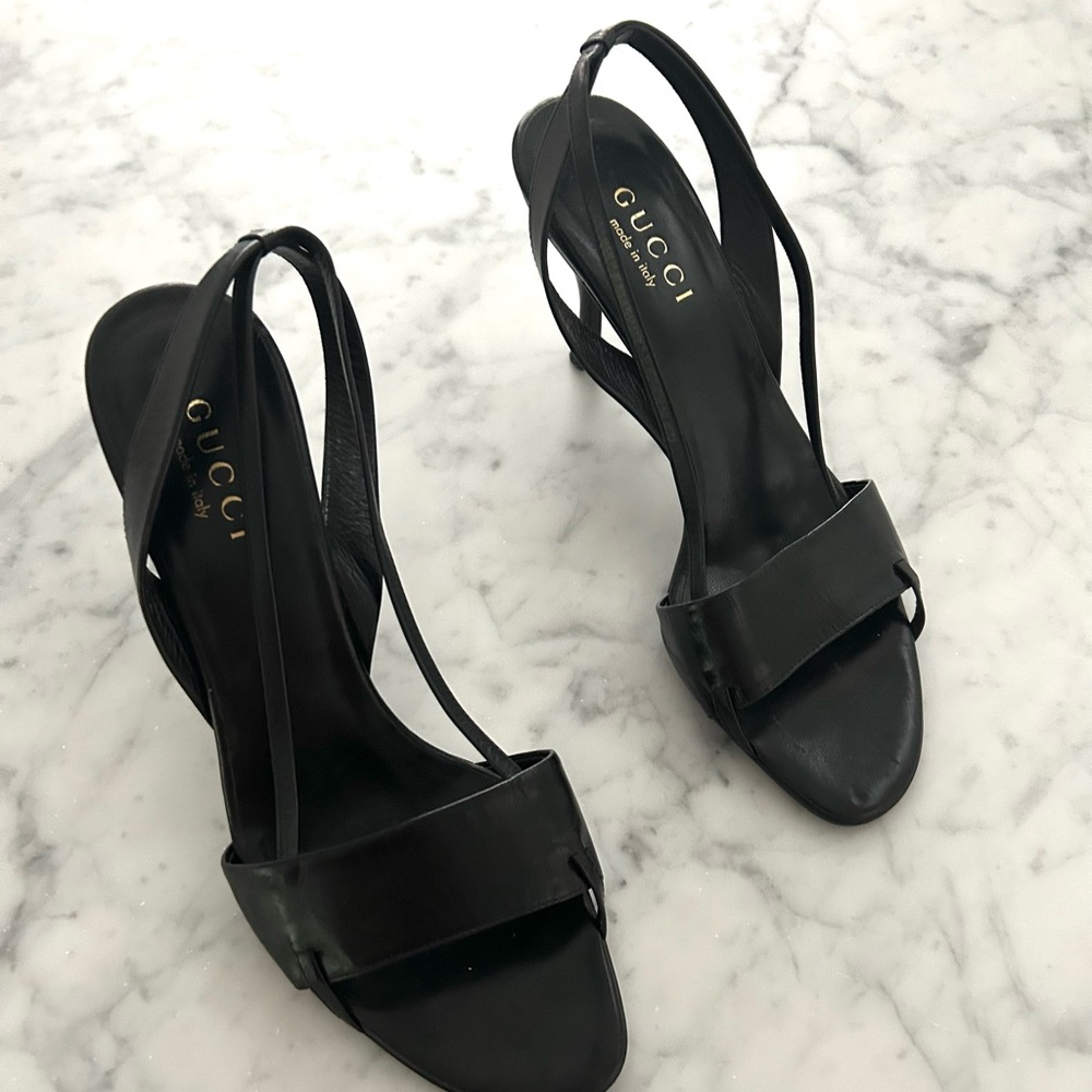 Black Gucci High Heel (3 1/2 in) Sandal. Mismate sizes 9 and 8. Never worn